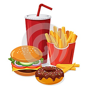 Fast food meal set with classic cheese burger, grilled meat, french fries, glazed donut and soft drink cup