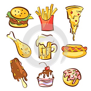 Fast food meals set. Comic cartoon style, brown contours, warm colours. Isolated vector objects.