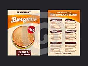 Fast food menu brochure design on a light background vector template in A4 size. flyer, baner and Layout Design