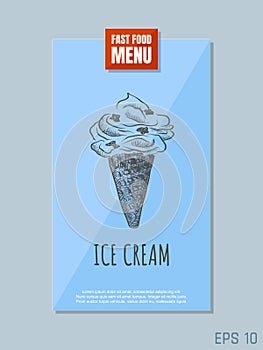 Fast food menu card concept. Ice cream sketch. Retro style. Vector illustration.