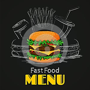 Fast food menu. Colorful burger with burgers, french fries and drinks.