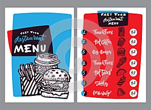 Fast food menu design and fast food hand drawn vector illustration. Restaurant or cafe menu template with burger sketch