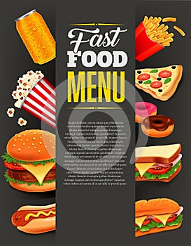 fast food menu with hamburger, fries, hotdog, drinks, sandwich, baguette, pizza, donut and popcorn