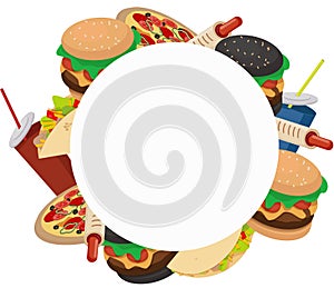 `Fast food menu` with a hamburger, soda, burger, tortilla, pizza. Vector isolated illustration. Fast food