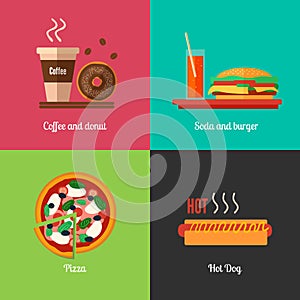 Fast food menu icons of pizza, burger, hot dog, coffee paper cup and chocolate donut