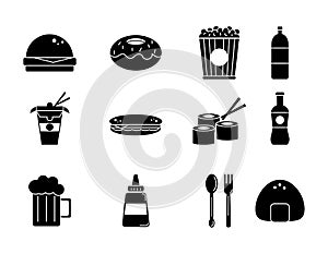 Fast food menu icons set silhouette