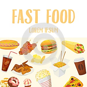 Fast food menu or restaurant background vector illustration. Poster with popcorn, mustard saus hotdogs, hamburger and