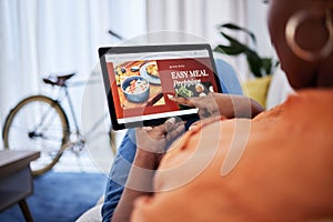 Fast food, menu screen or hands with tablet for meal delivery, payment or online order on website. Ecommerce user