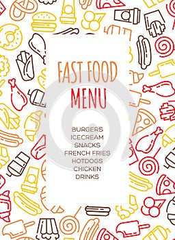 Fast food menu. Set of cartoon vector background.