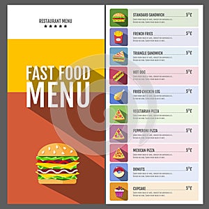 Fast food menu. Set of food and drinks icons. Flat style design.