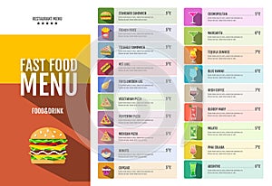 Fast food menu. Set of food and drinks icons.