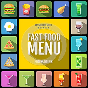 Fast food menu. Set of food and drinks icons. Flat style design.