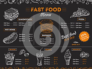Fast food menu. Sketch sandwich burger, pizza snacks vintage design on chalkboard. Fast food restaurant menu board