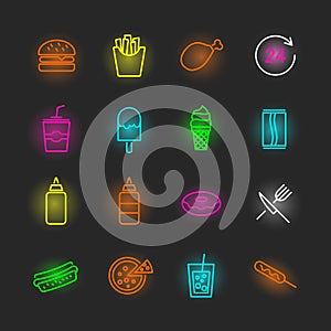 Fast food neon icon set