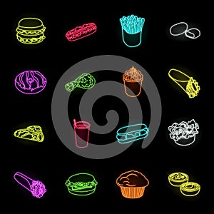 Fast food neon icons in set collection for design.Food from semi-finished products vector symbol stock web illustration.
