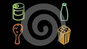 fast food neon icons  vector neon glow on dark background