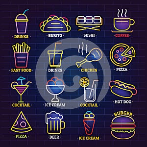 Fast food neon shop sign icons set, cartoon style