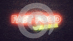 Fast Food neon sign mounted on brick wall