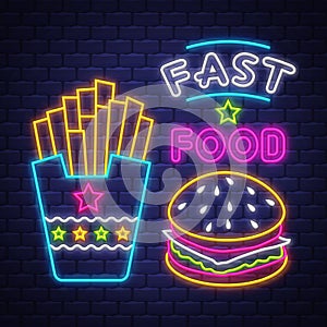 Fast Food - Neon Sign Vector. Fast Food - neon sign on brick wall background