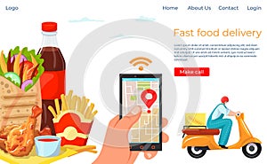 Fast food online delivery service landing website banner, order foodstuff company template banner flat vector
