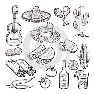 Fast food and other mexican culture elements. Sombrero, guitar, tequila and tacos. Vector hand drawn set