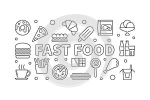 Fast food outline horizontal banner. Vector illustration