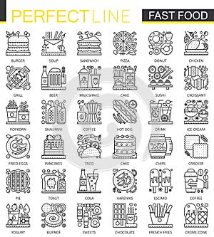 Fast food outline mini concept symbols. Modern stroke linear style illustrations set. Food Perfect thin line icons.