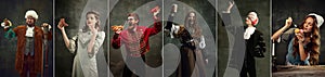 Fast food party. Collage with young people in image of medieval royalty persons from famous artworks in vintage clothes