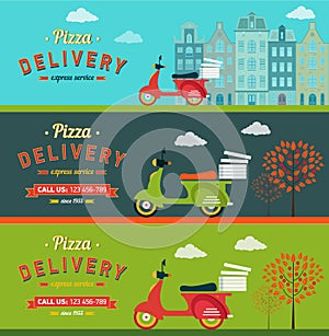 Fast food and pizza delivery banners set flat illustration