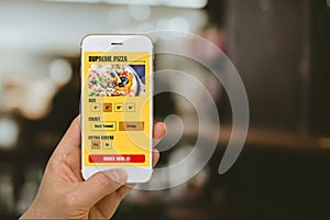 Fast Food, Pizza, Ordering Concept Illustrated by Smartphone App in Online Mobility Era