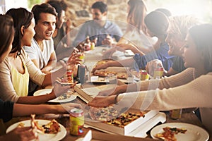 Fast food, pizza and party with a friends at a restaurant in celebration of a birthday or event together. Cafe