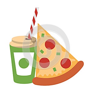 Fast food pizza and soda cup with straw