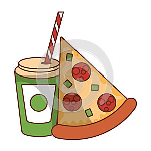 Fast food pizza and soda cup with straw