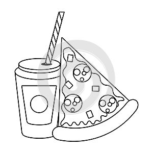 Fast food pizza and soda cup with straw in black and white