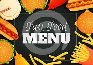 Fast food poster, banner, menu template. Burgers, hot dogs, ketchup, mustard, french fries and drink on a dark background.
