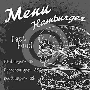 Fast food poster with hamburger. Hand draw retro illustration. V