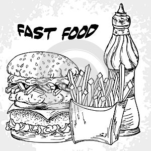 Fast food poster with hamburger, sauces and french fries. Hand d