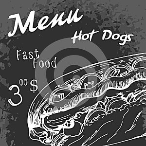 Fast food poster with hot dog. Hand draw retro illustration. Vin