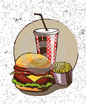 Fast food poster in retro pop art style. Vector comic illustration. Concept graphic background with burger