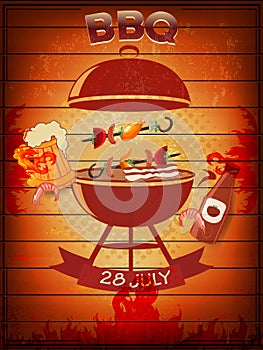 Fast food posters. Retro style layout template with beer, shrimp, BBQ, tomato ketchup, kebab on wooden background for fast food