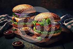 Fast food with processed cheese and meat Burger set on tray