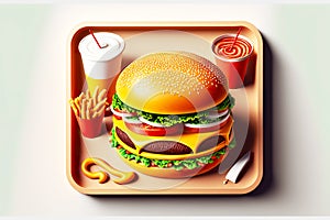 fast food with processed cheese and meat burger set on tray