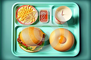 fast food with processed cheese and meat burger set on tray