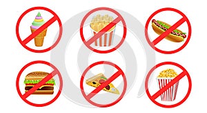 fast food prohibited sticker sign symbol set