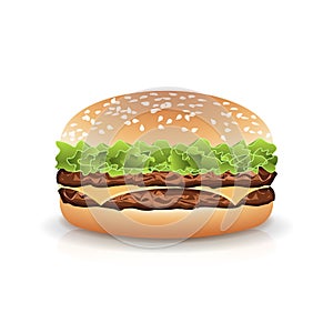 Fast Food Realistic Burger Vector. Hamburger Fast Food Sandwich Emblem Realistic Isolated On White Background Illustration