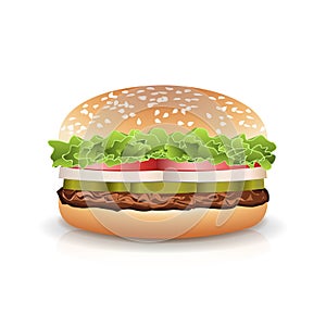 Fast Food Realistic Burger Vector. Hamburger Fast Food Sandwich Emblem Realistic Isolated On White Background Illustration