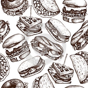 Fast food restaurant background. Seamless pattern with hand drawn burgers, tacos, sandwiches, waffles, bagles sketches. Vintage il