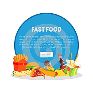 Fast Food Restaurant Banner, Landing Page Template, Burgers, Pizza, Sandwich, French Fries, Soda Drink Vector
