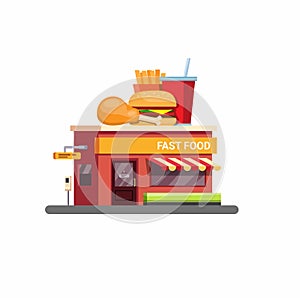 Fast food restaurant building with drive thru service in flat style illustration vector isolated in white background