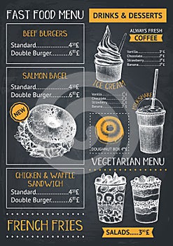 Fast food restaurant or cafe menu template. Hand drawn burgers, desserts and drinks illustrations. Food truck flyer design on chal